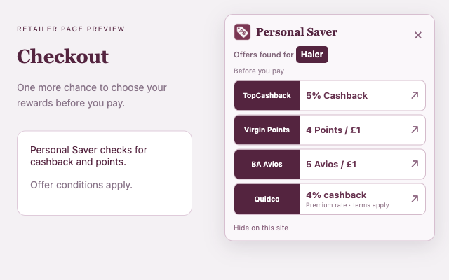 Personal Saver checkout reminder with example reward offers before payment