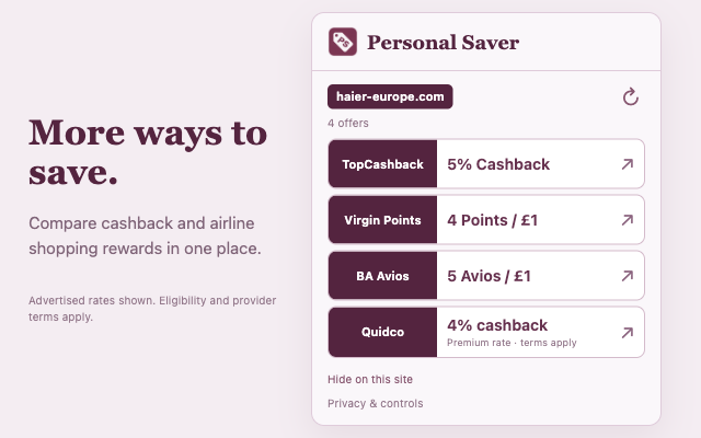 Personal Saver showing example cashback, Virgin Points and BA Avios offers side by side