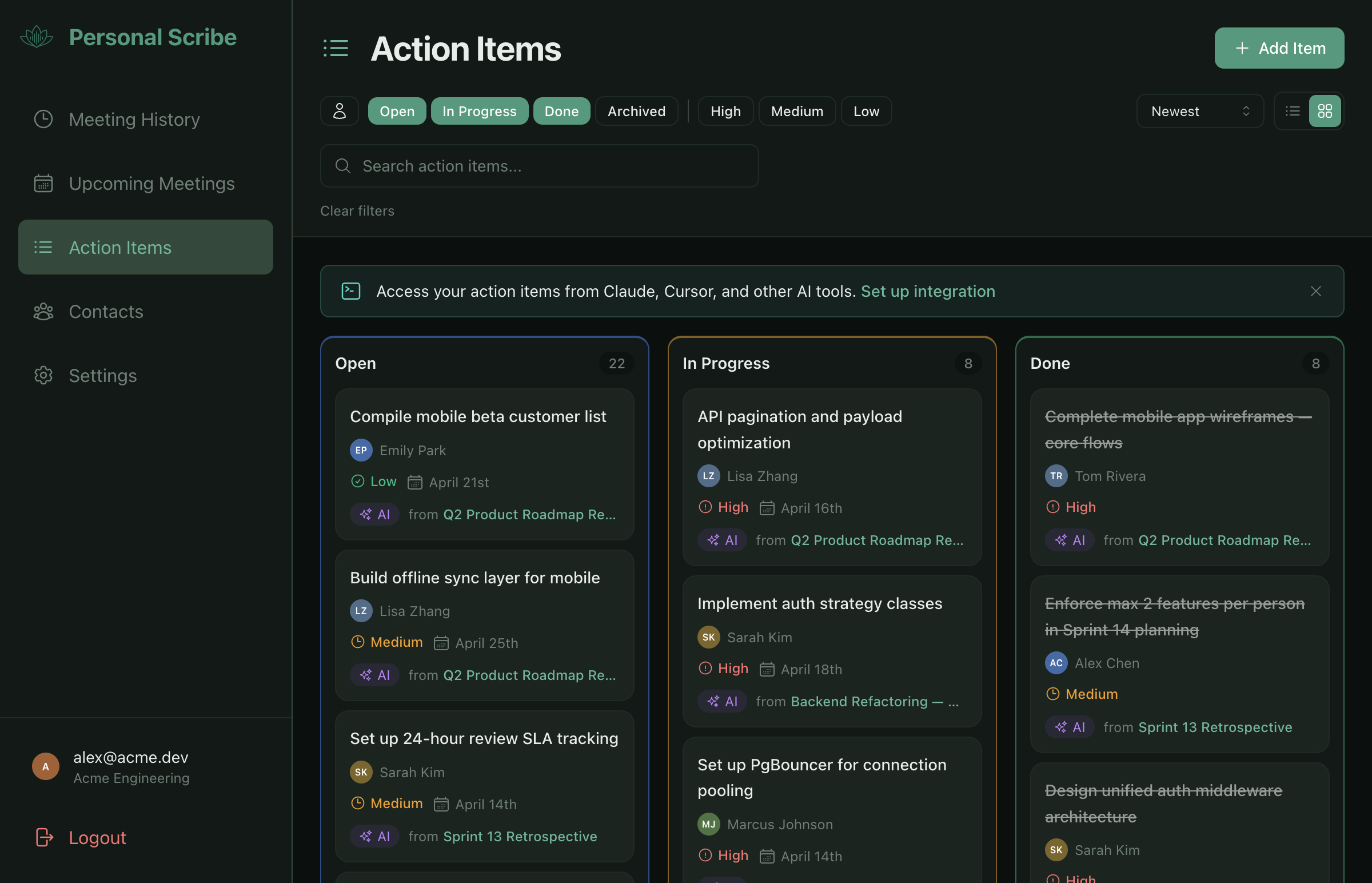 Kanban of action items across meetings